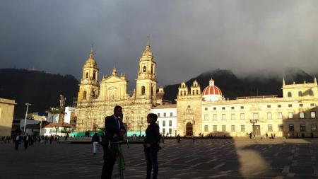 A strom brews over the cathedral in Bogota